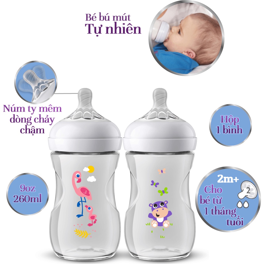 Bình sữa mô phỏng tự nhiên hiệu Philips Avent có họa tiết ( 260ml / 9oz ) cho trẻ từ 1 tháng tuổi