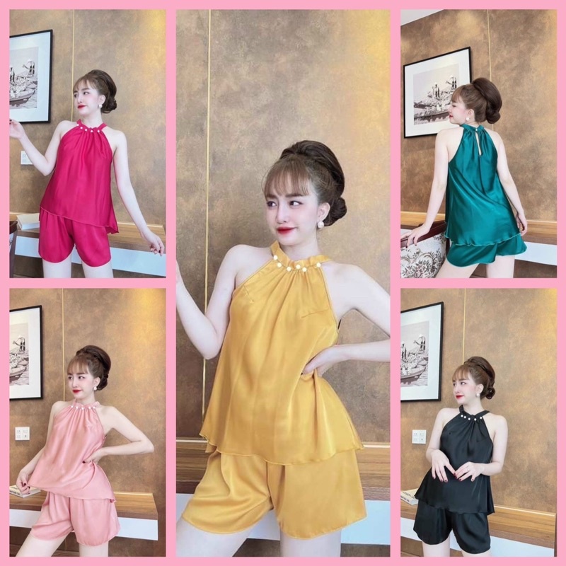 Bộ Ngủ Sexy- Yếm Ngủ Satin Đính Hạt Form 40-55kg