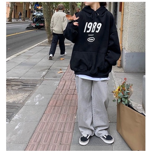 Áo hoodie nam nữ chất nỉ cotton form rộng in 1989 mũ to 2 lớp, áo hoodie nỉ bông màu đen ulzzang tay bo phong cách Hàn