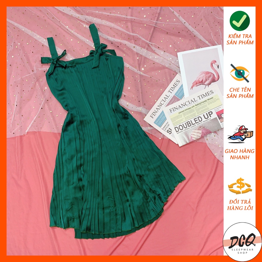 Váy ngủ 2 dây sexy dập ly chất satin mặc mát mẻ Freesize dưới 60kg - DCQ shop