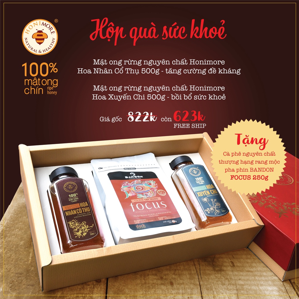 [HỘP QUÀ TẾT] gồm Mật ong nguyên chất Xuyến Chi 500g+Mật ong rừng Nhãn Cổ Thụ 500g + Cà phê nguyên chất đặc sản