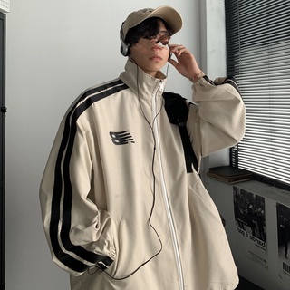 Áo khoác, áo gió jackets 2 màu be và đen cổ cao sọc vai form rộng phong cách Ulzzang
