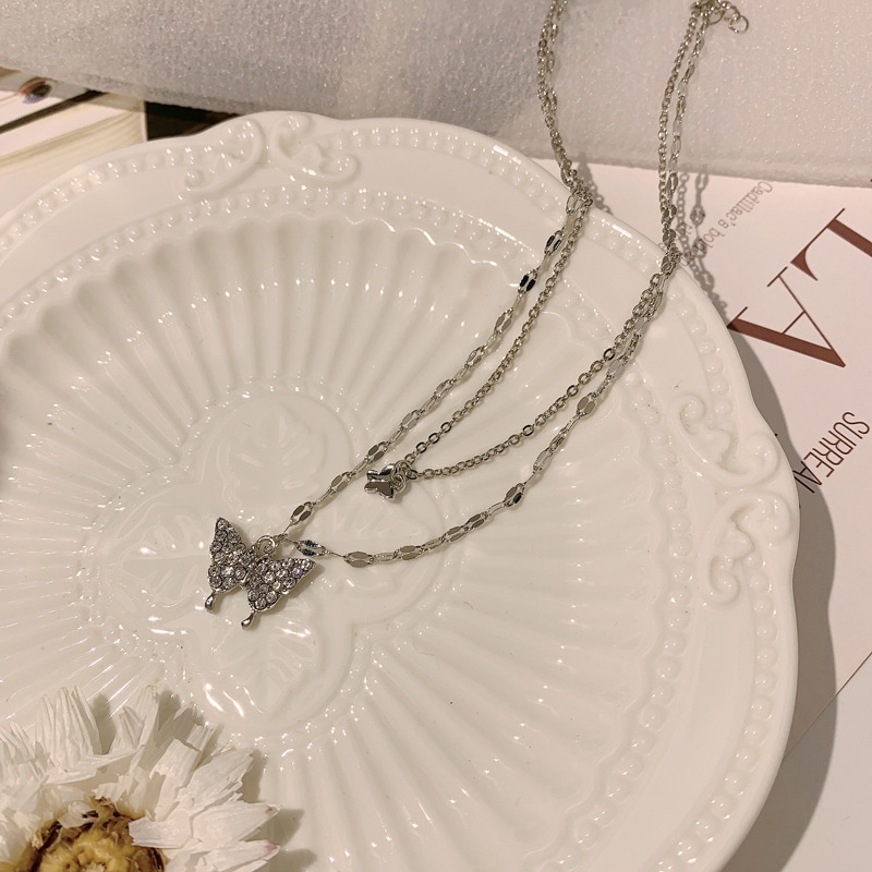 Vòng cổ Hai Lớp Mặt Hình Bướm Đính Đá zircon Thanh Lịch Nhẹ Nhàng Cho Nữ