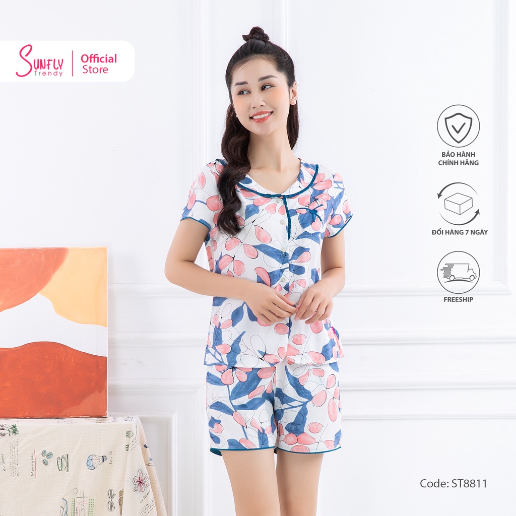 Bộ đồ mặc nhà nữ pijamas lanh SUNFLY áo cộc, quần sooc ST8811