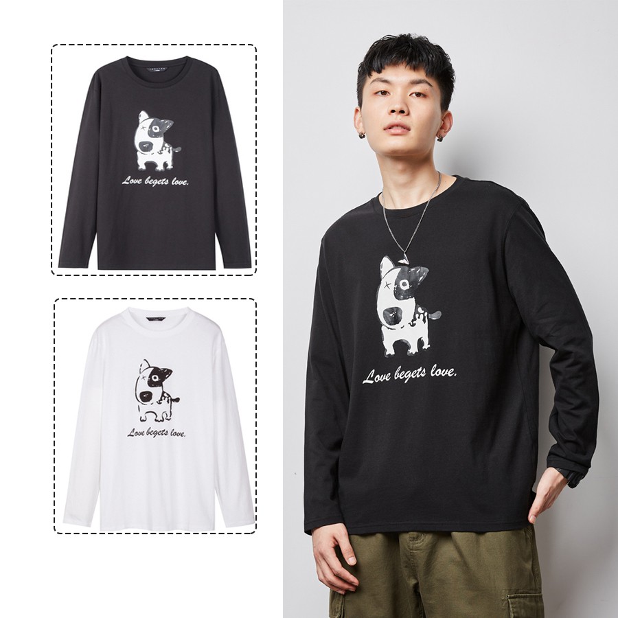 Áo thu đông dài tay nam nữ unissex thiết kế cổ tròn 2 màu đen trắng in hình basic