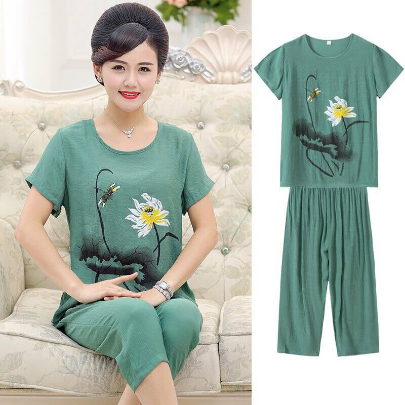 bộ đồ ngủ dành cho người trung niên và cao tuổi vải lanh cotton bà mẹ ngắn tay của phụ nữ lụa mỏng phục vụ tại nhà