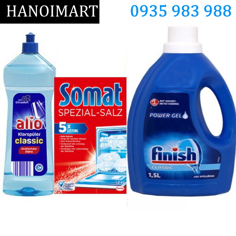 Combo Nước rửa bát finish Gel 1500ml + muối rửa bát Somat 1.2kg + Nước làm bóng alio 1 lít dùng cho máy rửa bát