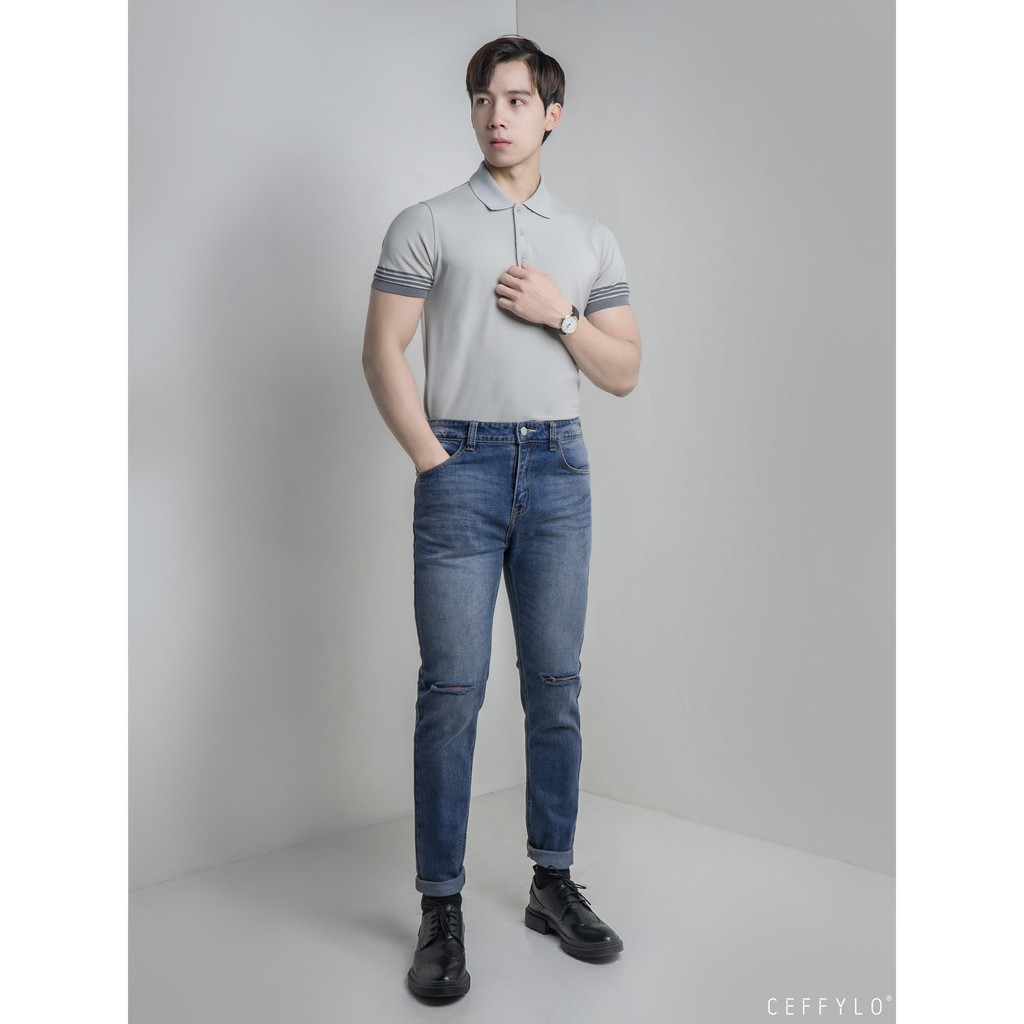Quần Jeans rách gối Xanh Đậm nam form slimfit CEFFYLO , chất Jean thun co giãn nhẹ