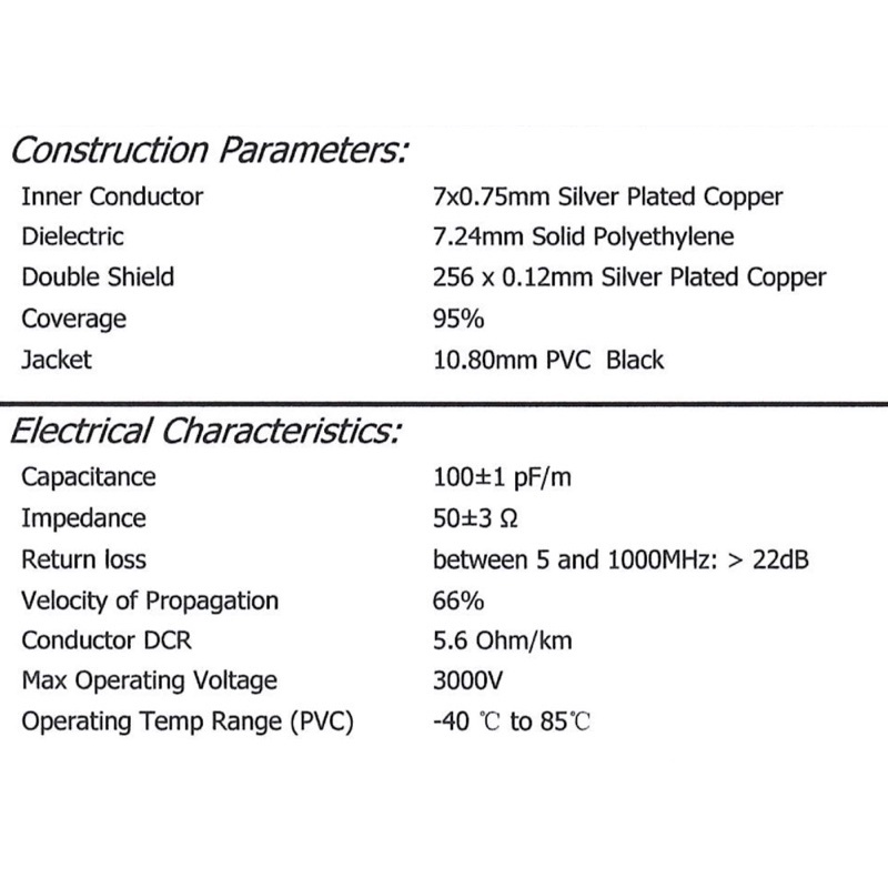Cáp đồng trục RG214 50ohm (coaxial cable). Báo giá 1 mét