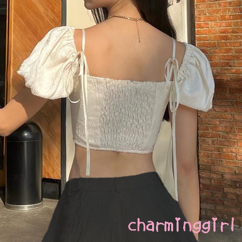Áo Croptop Tay Phồng Ngắn Cổ Buộc Dây Thiết Kế Độc Đáo Thời Trang Quyến Rũ Cho Nữ