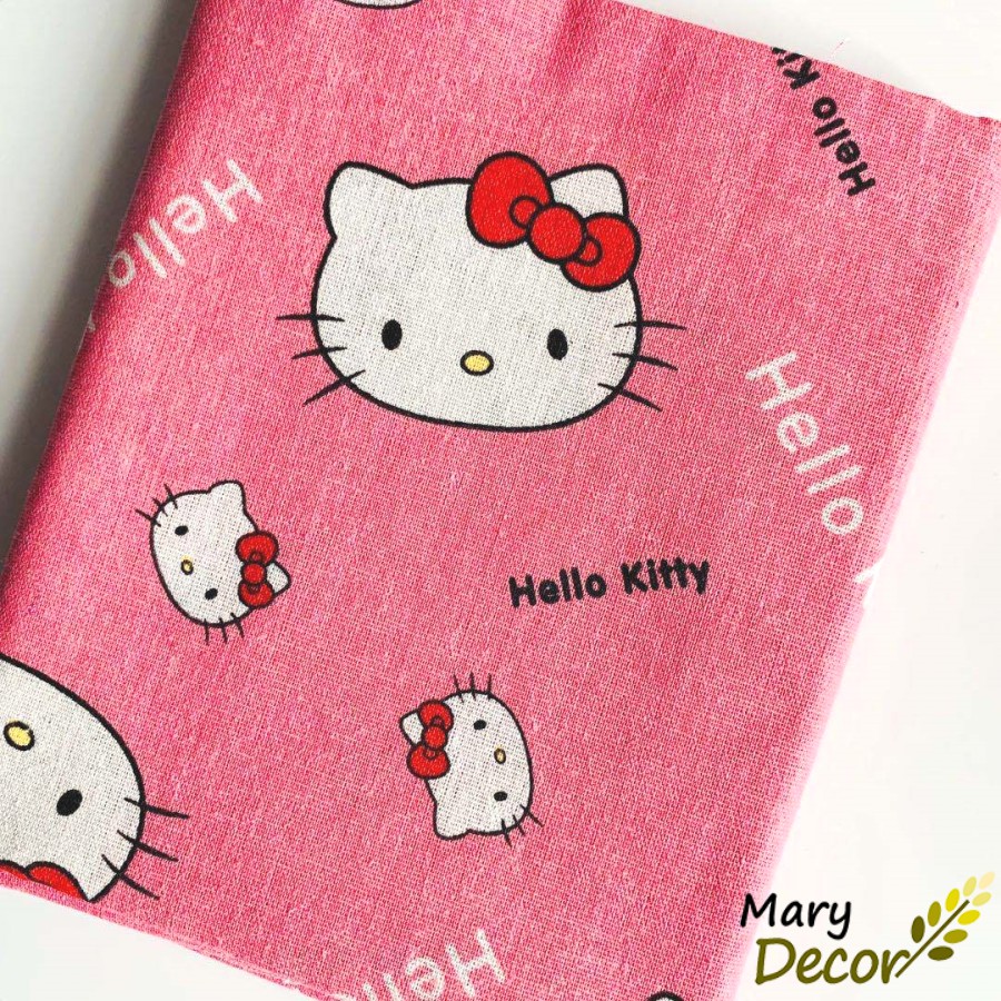 Vải bố linen đẹp làm đồ trang trí, handmade, phông nền chụp ảnh - họa tiết Hello Kitty hồng V-M08