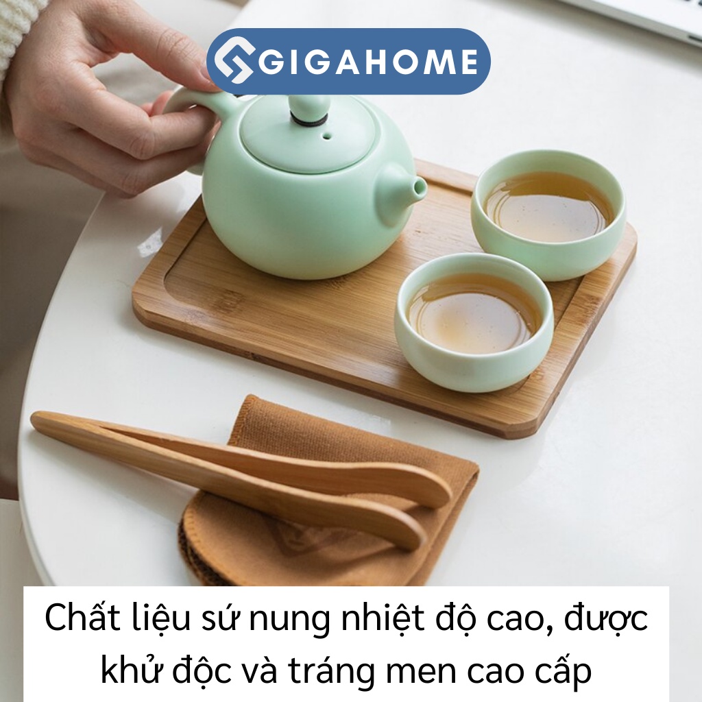 Bộ Ấm Pha Trà Gốm Sứ 4 Chén Du Lịch Tráng Men GIGAHOME Cao Cấp Kèm Khay, Kẹp, Túi Đựng 9984