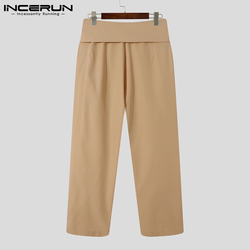 Quần dài INCERUN phối dây buộc màu trơn ống suông rộng thời trang thường ngày dành cho nam