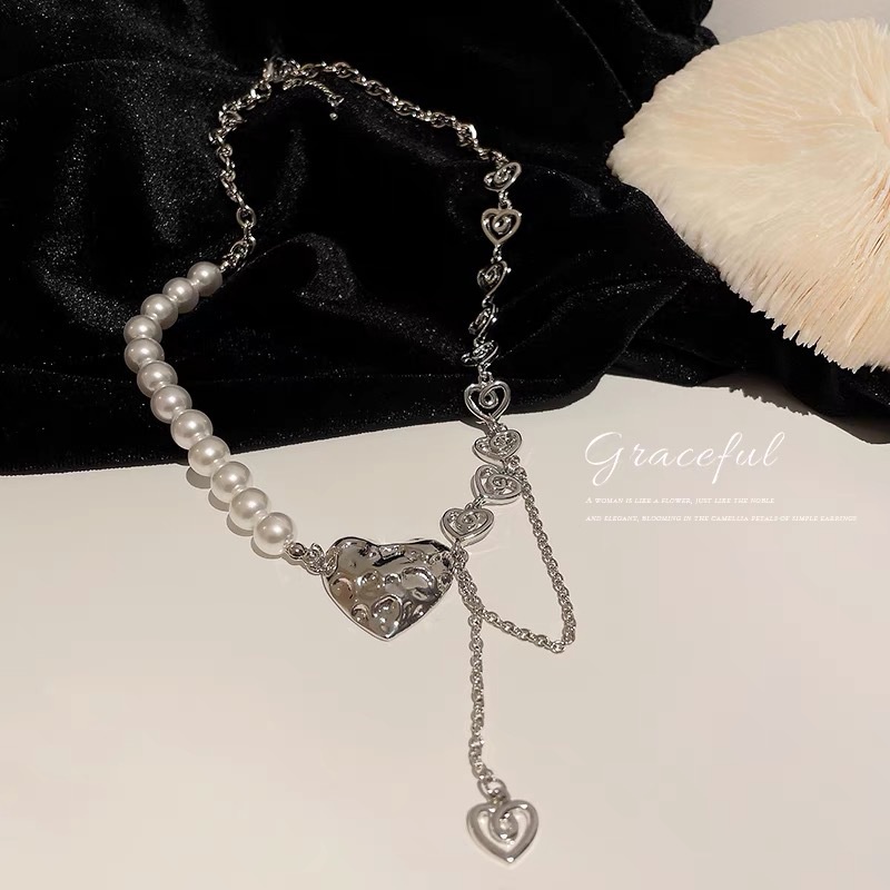 vòng cổ Mặt Trái Tim Đính Ngọc Trai Phong Cách Hip Hop Thời Trang