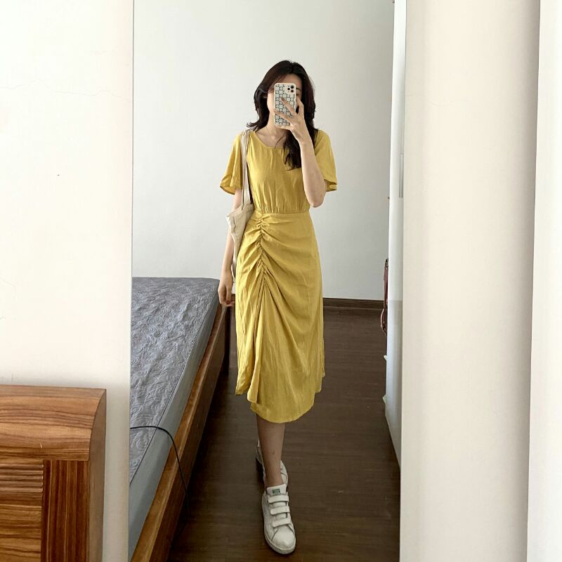 Váy ôm dáng dài dự tiệc Gorogi, đầm đi biển cổ tròn tay ngắn cổ tròn chất đũi mềm mát 1 lớp