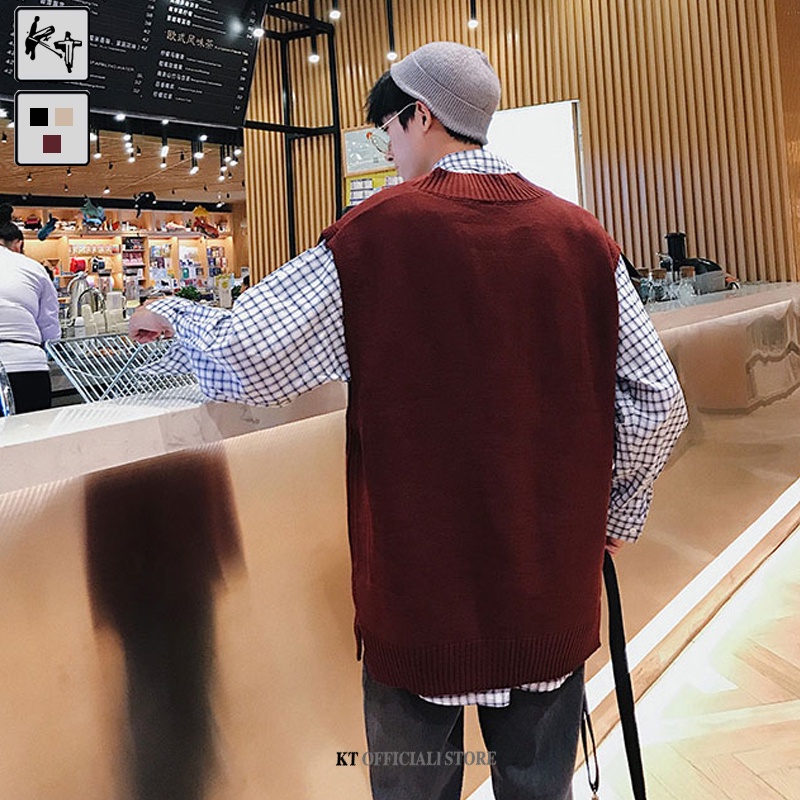 Áo sweater KT M01dệt kim không tay cổ chữ V dáng rộng thời trang Hàn Quốc cho nam và nữ size M-3XL