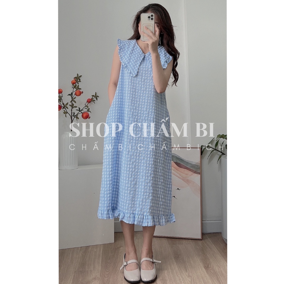 Váy dáng dài sơ mi kẻ caro V.124, Váy dáng dài sơ mi cổ bèo kẻ caro 3 màu bánh bèo -Thời trang nữ Chấm Bi