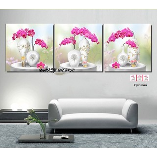 Tranh thêu 3D Bộ 3 bức Bình Hoa Lan - chưa thêu