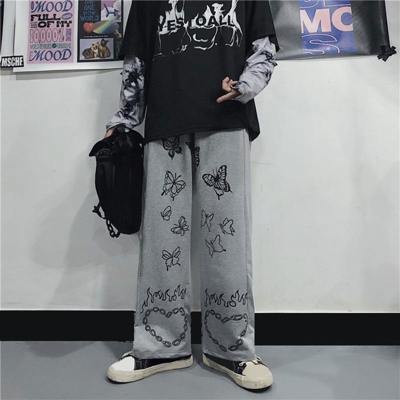Brroa Quần Dài Lưng Cao Dây Rút In Họa Tiết Bướm / Ngọn Lửa Phong Cách Gothic Harajuku Cho Nam Và Nữ
