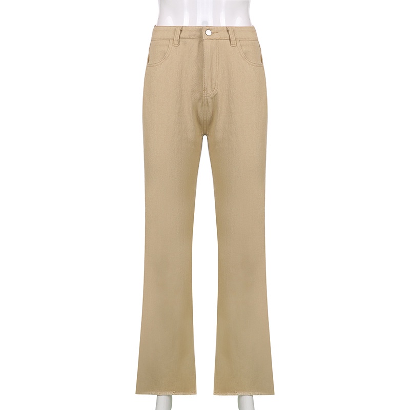 DUNEA Quần denim ống suông lưng cao màu trơn phối túi thời trang cho nữ