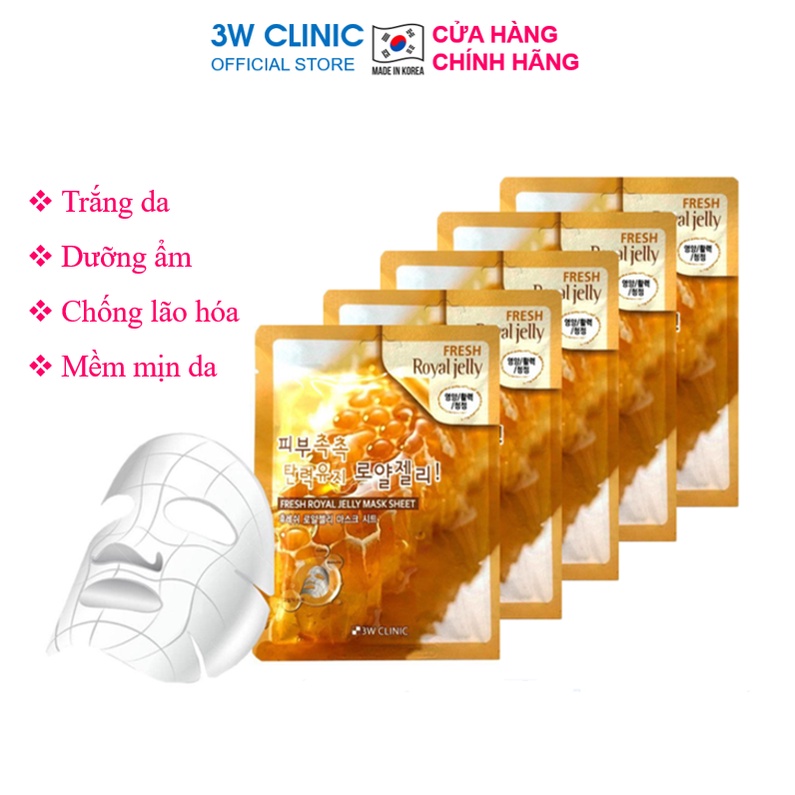 Combo 10 Túi Mặt nạ giấy dưỡng trắng da dưỡng ẩm chiết xuất từ sữa ong chúa 3W Clinic Hàn Quốc 23mlx10