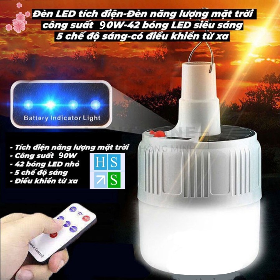 Đèn LED tích điện không dây - Đèn năng lượng mặt trời công suất 90W có remote điều khiển từ xa 5 chế độ sáng