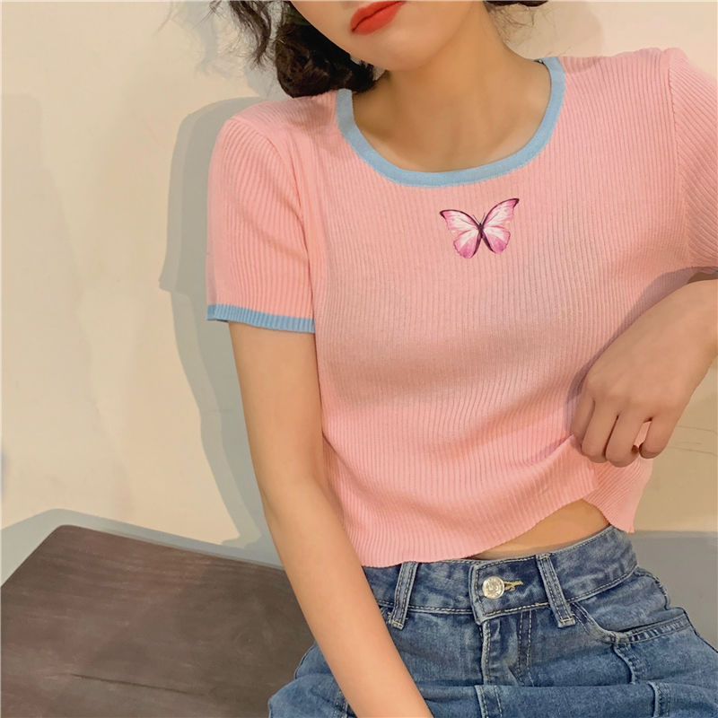 Áo thun nữ tay ngắn in hình bướm phong cách Harajuku phiên bản Hàn
