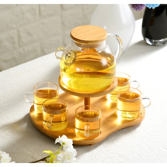 Bộ bình 6 tách thủy tinh khay 2 tầng