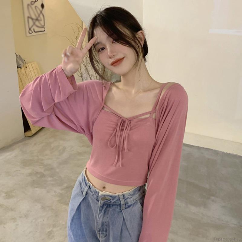 Set áo hai dây + áo khoác cardigan tay dài phong cách Hàn Quốc cho nữ