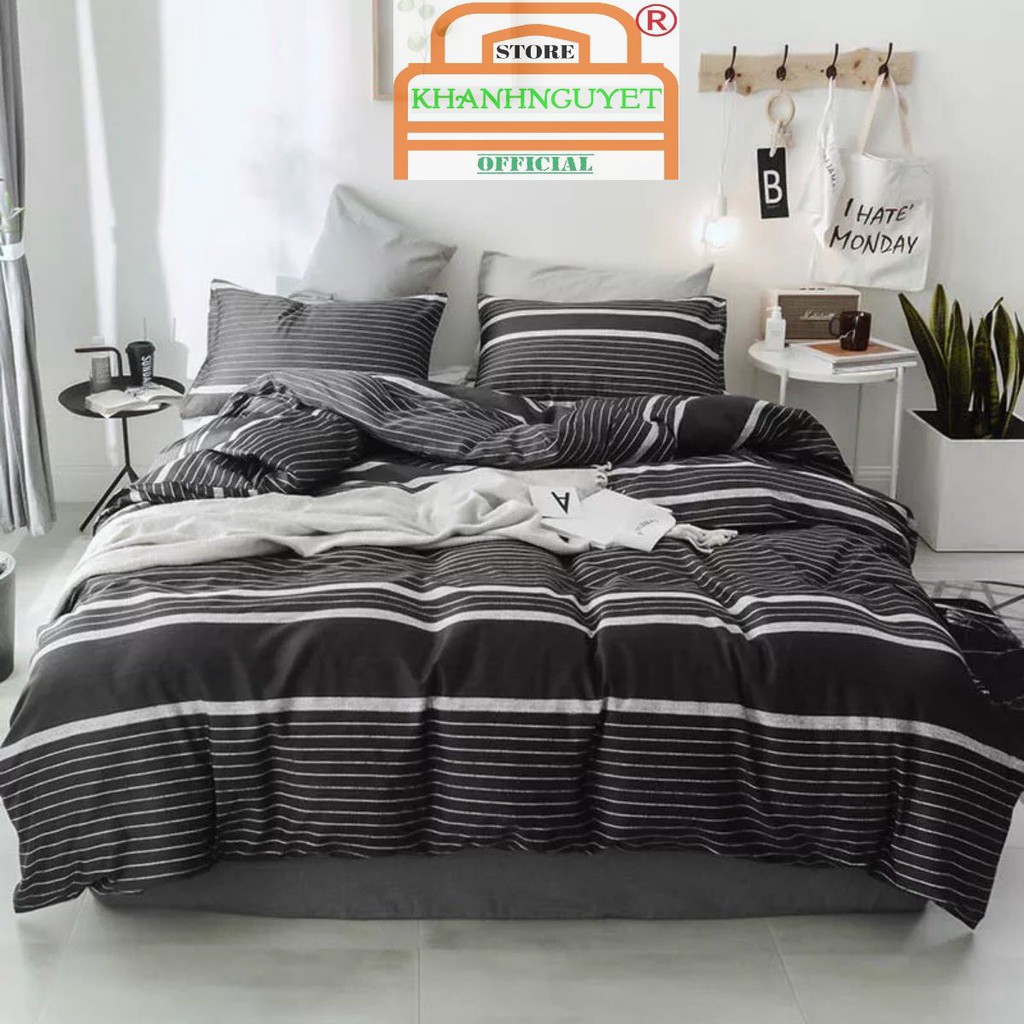 Bộ vỏ chăn ga gối cotton 100% ( Họa tiết trắng đen kẻ ngang )