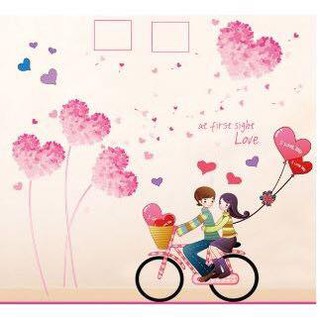 Decal dán tường Combo hoa trái tim + cặp đôi xe đạp