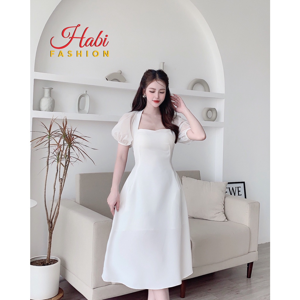 Váy đầm thiết kế tay tơ bồng nhẹ ôm eo tôn dáng tiểu thư chất đẹp 2 lớp