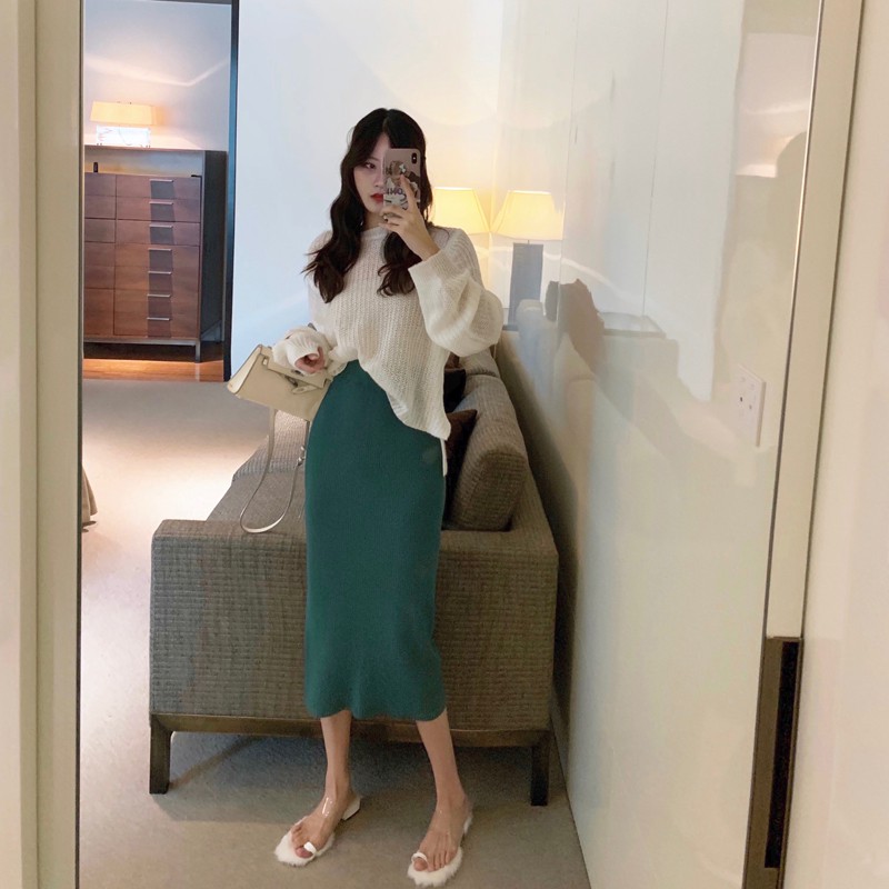 Chân váy dệt kim chữ A lưng cao xẻ tà xinh xắn cho nữ