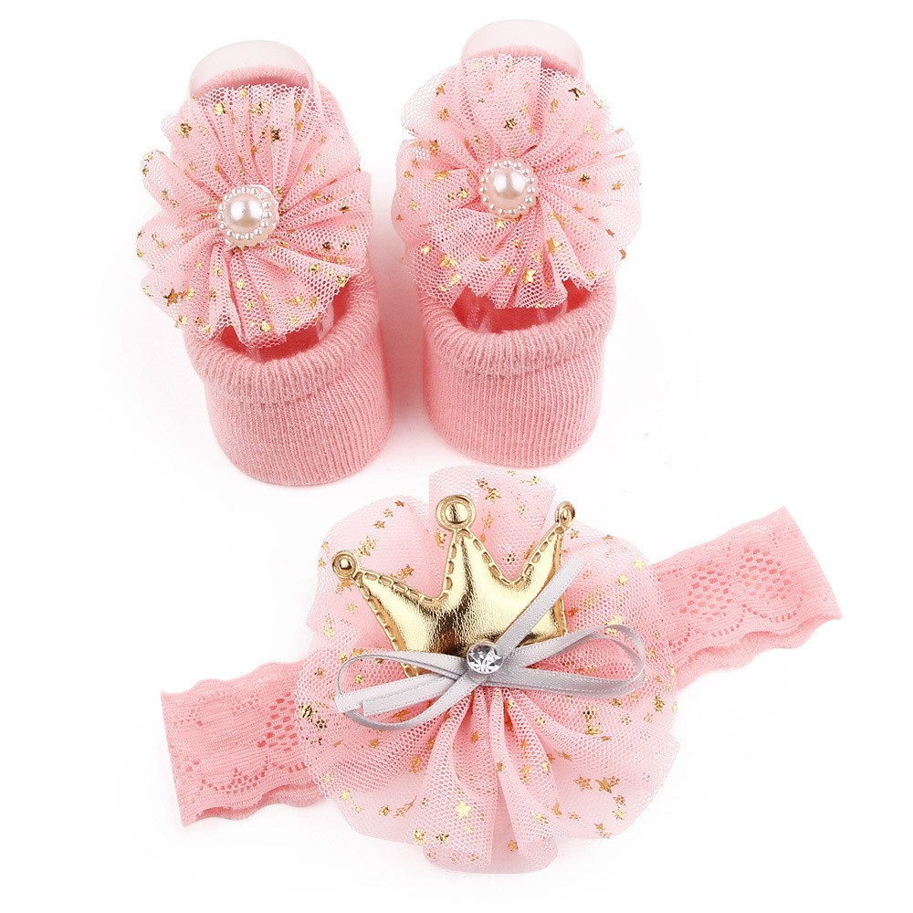 Set vớ ren hình bông hoa kèm băng đô đính bông hoa và vương miện co giãn đính ngọc trai giả màu trơn cho bé gái