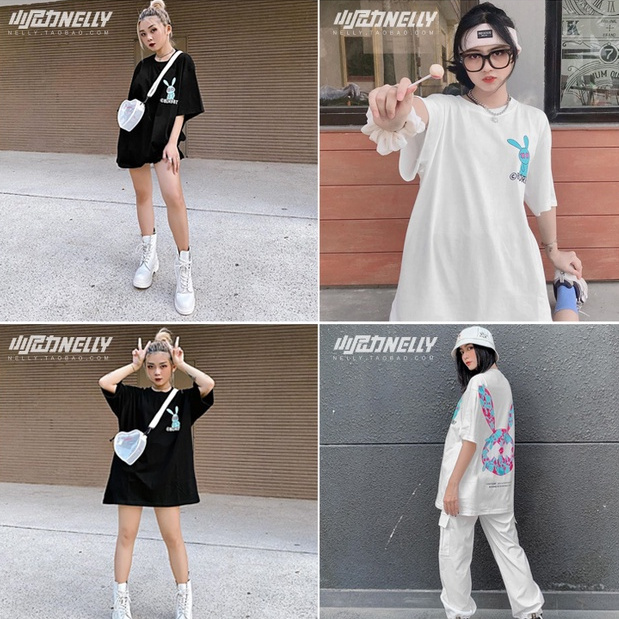 Áo Thun Tay Lỡ Form Rộng In Hình Nhiều Thỏ Cho Cả Nam và Nữ, Vải Cotton 75%, Dày Mịn Mát. XXK