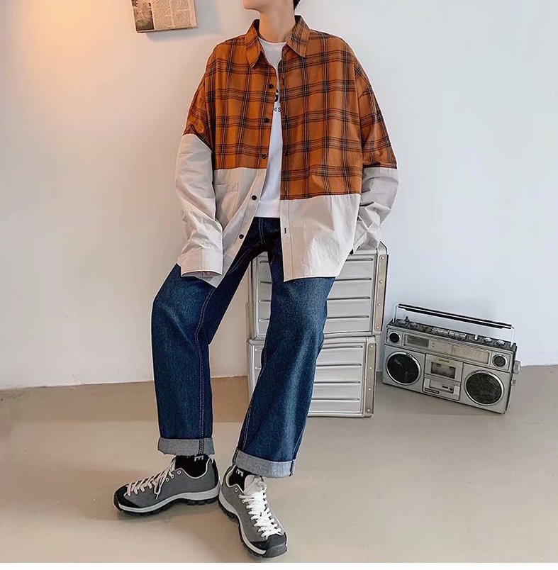 Áo Sơ Mi Tay Dài Dáng Rộng Họa Tiết Sọc Caro Phong Cách Retro Cho Nam Size M-2Xl