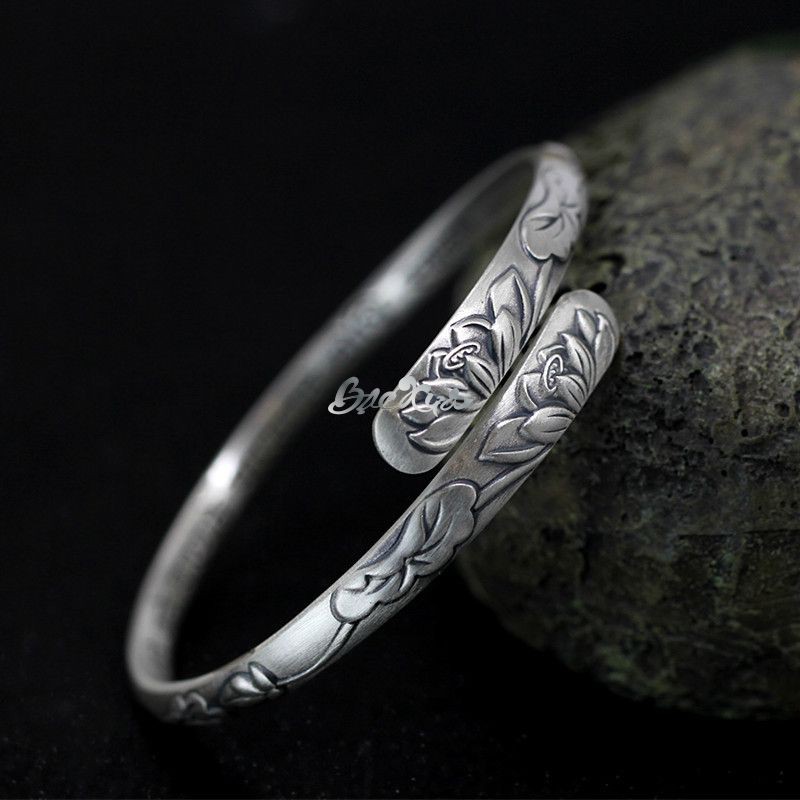 Bộ vòng tay - nhẫn hoa sen chữ Phật bạc nguyên chất