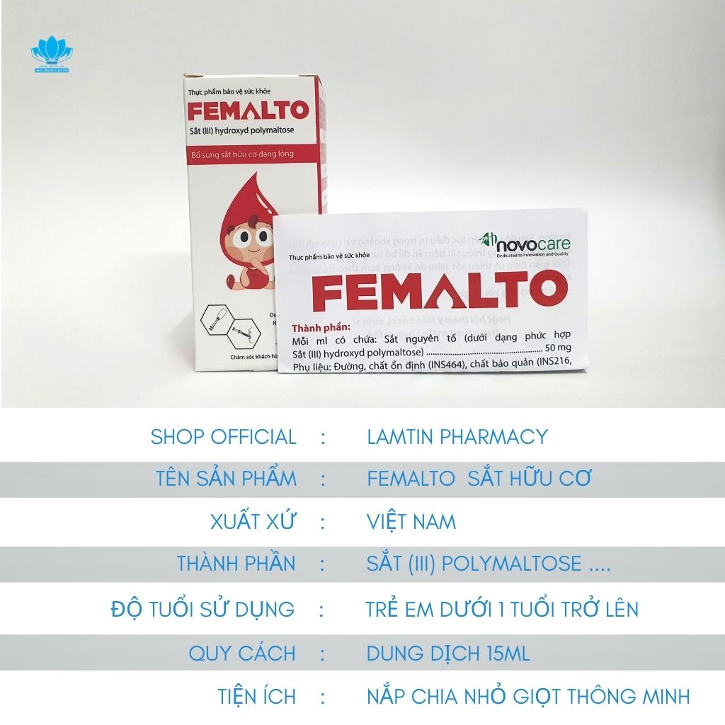 Femalto Sắt hữu cơ Bổ sung Sắt III cho Trẻ em sơ sinh, bà Bầu và người thiếu Sắt chính hãng Lọ 15ml, 30ml