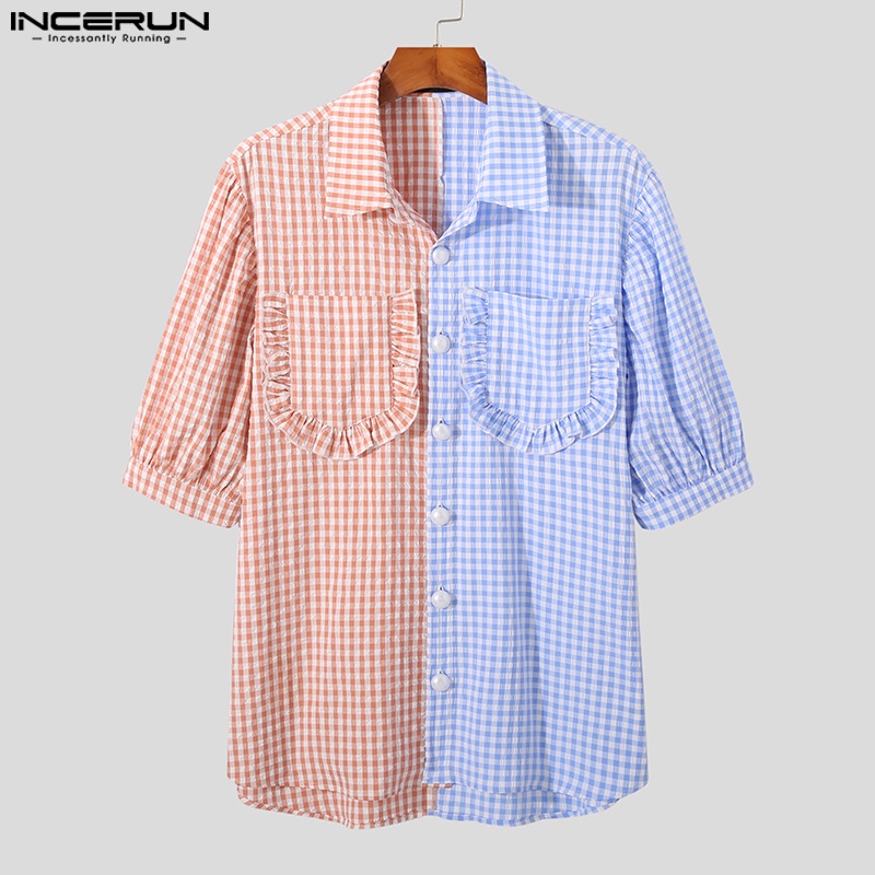 Áo sơ mi Incerun tay ngắn viền nhún bèo in kẻ sọc nhiều màu bắt mắt kiểu mùa hè cho nam