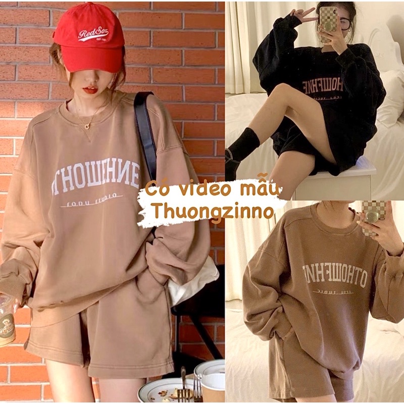 [Ảnh thật/Video] Set áo nỉ OTHO phong cách Ulzzang tay bồng in chữ kèm quần dày dặn Set bộ Hàn Quốc