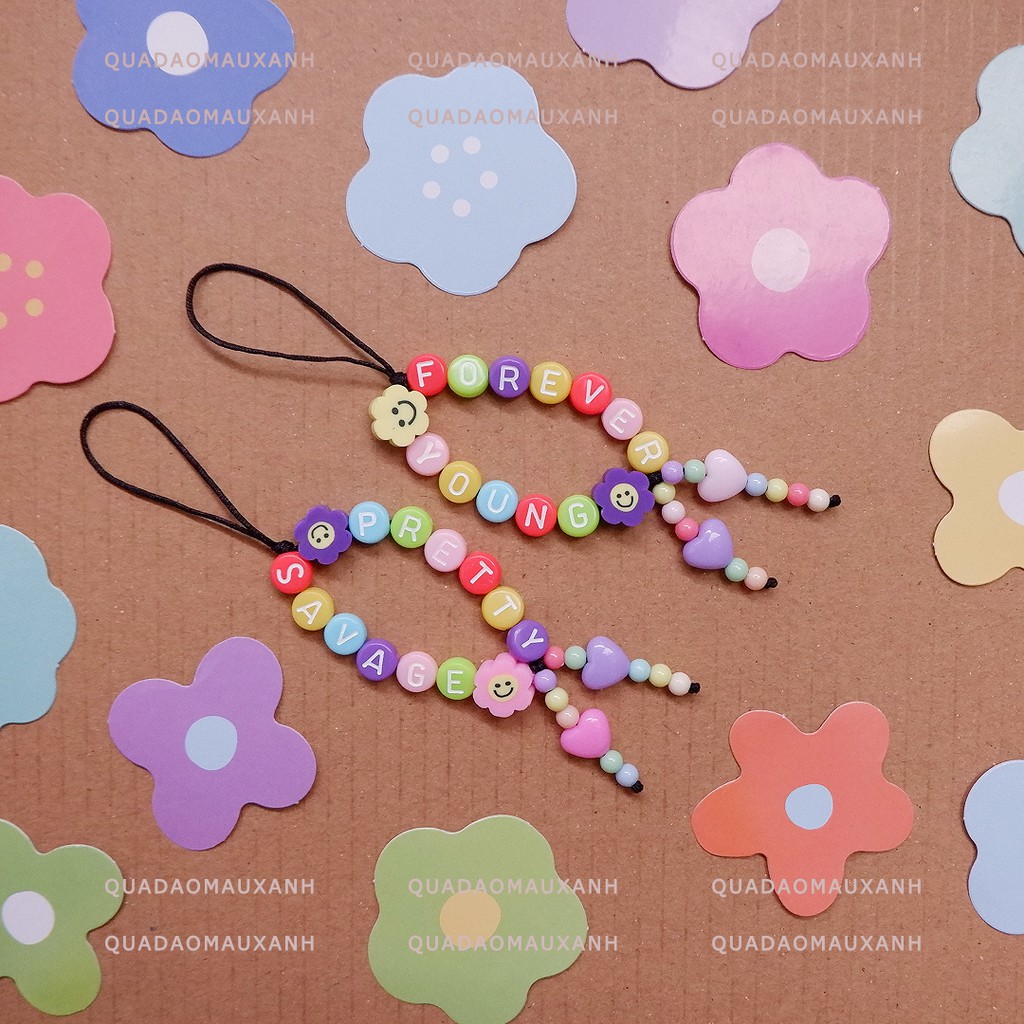 VER-1 Móc khóa dây treo handmade phối hạt cườm màu pastel thay charm chữ cái tên theo yêu cầu #Quadaomauxanh