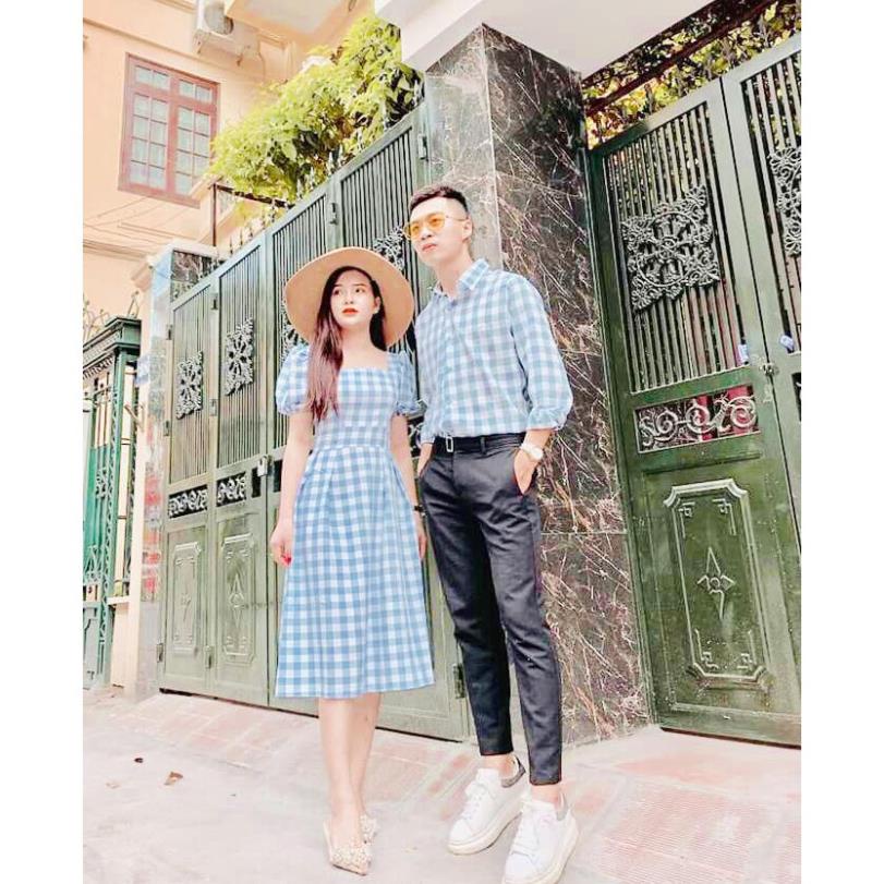 Set váy áo sơ mi đôi 🎀FREESHIP🎀 Đồ đôi váy nữ áo sơ mi nam caro chất đẹp Hàn Quốc - AV103 YAME Couple AMZ