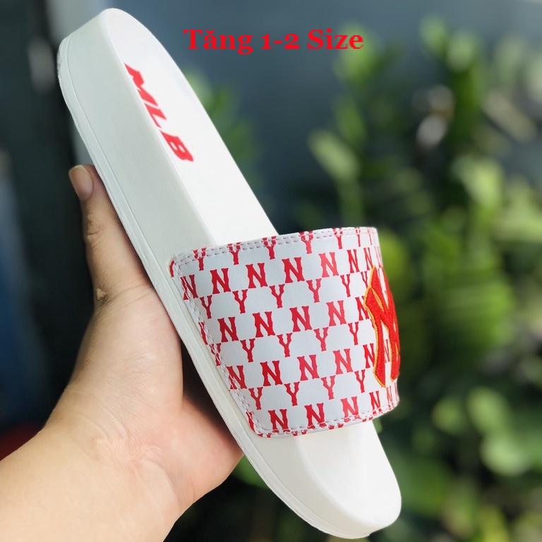 Dép unisex 𝐌𝐋𝐁 𝗡𝗬 ❤️FREESHIP + Hộp❤️ dép mlb quai ngang thể thao nam nữ Thêu nỗi NY-NY trắng chữ đỏ D.GV-trắng-chữ-đỏ