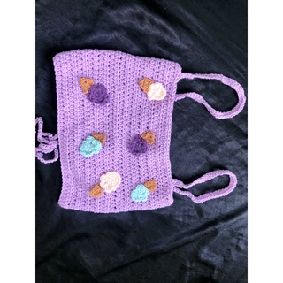 Áo croptop handmade được đan móc bằng len (được chọn thêm hoa nhỏ đính áo)