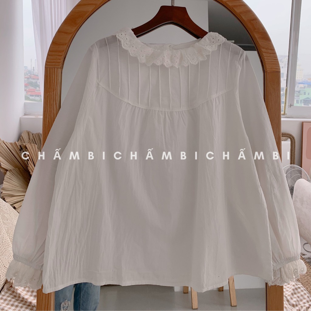 [SALE] Áo Sơ Mi Xếp Ly Ngực Cổ Bèo Ren Xòe Cực Xinh Freesize<52kg - A.107