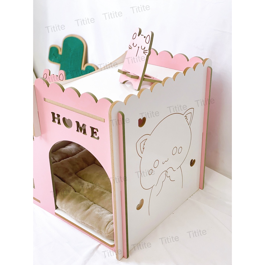 Nhà gỗ hồng cao cấp, xinh xắn cho thú cưng, lắp ráp gọn tiện