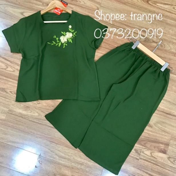Đồ bộ trung niên đũi cho mẹ mặc nhà - Bộ ngủ người già cao cấp áo thêu hoa quần lửng ống rộng bigsize đẹp rẻ !