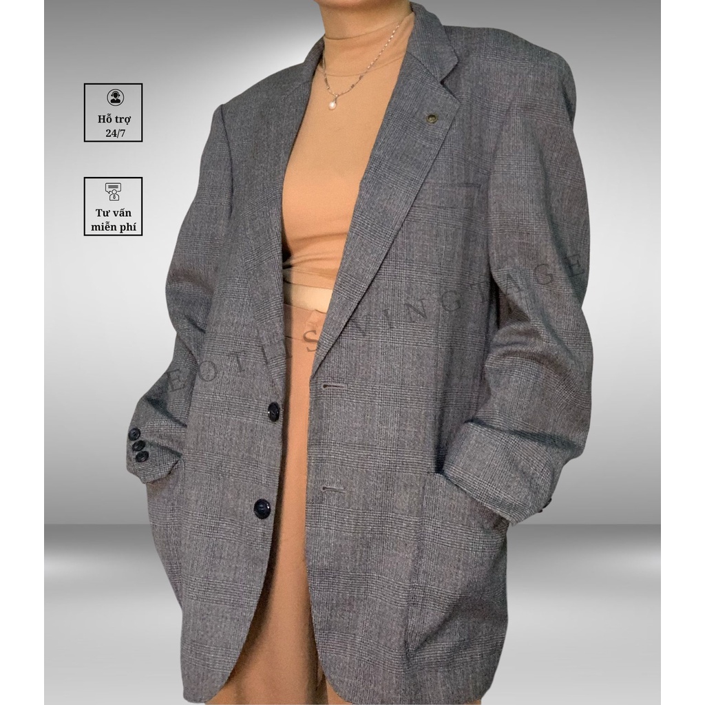 Blazer nam/nữ xám cúc đen kèm túi dán chất dạ tweed