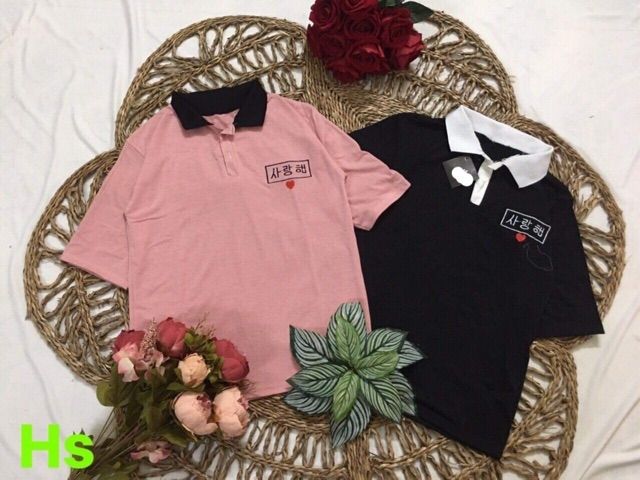 Áo thun unisex cổ trụ in chữ Korea có bigsize