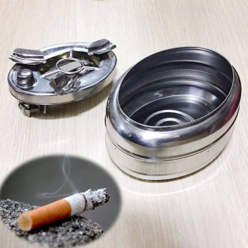 Gạt tàn inox 304, 2 ngăn có nút bấm